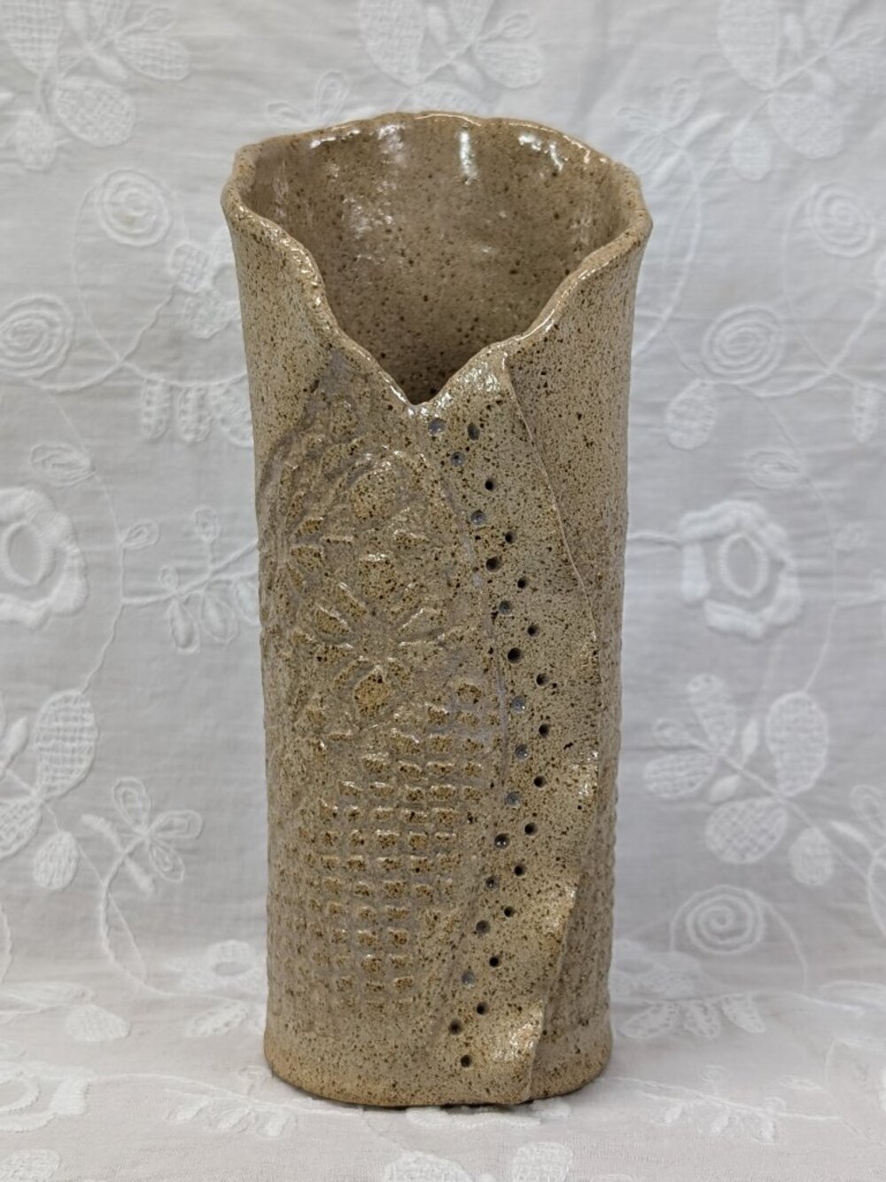 Unique Lace Finish Vintage (1991) Slab Pottery Vase